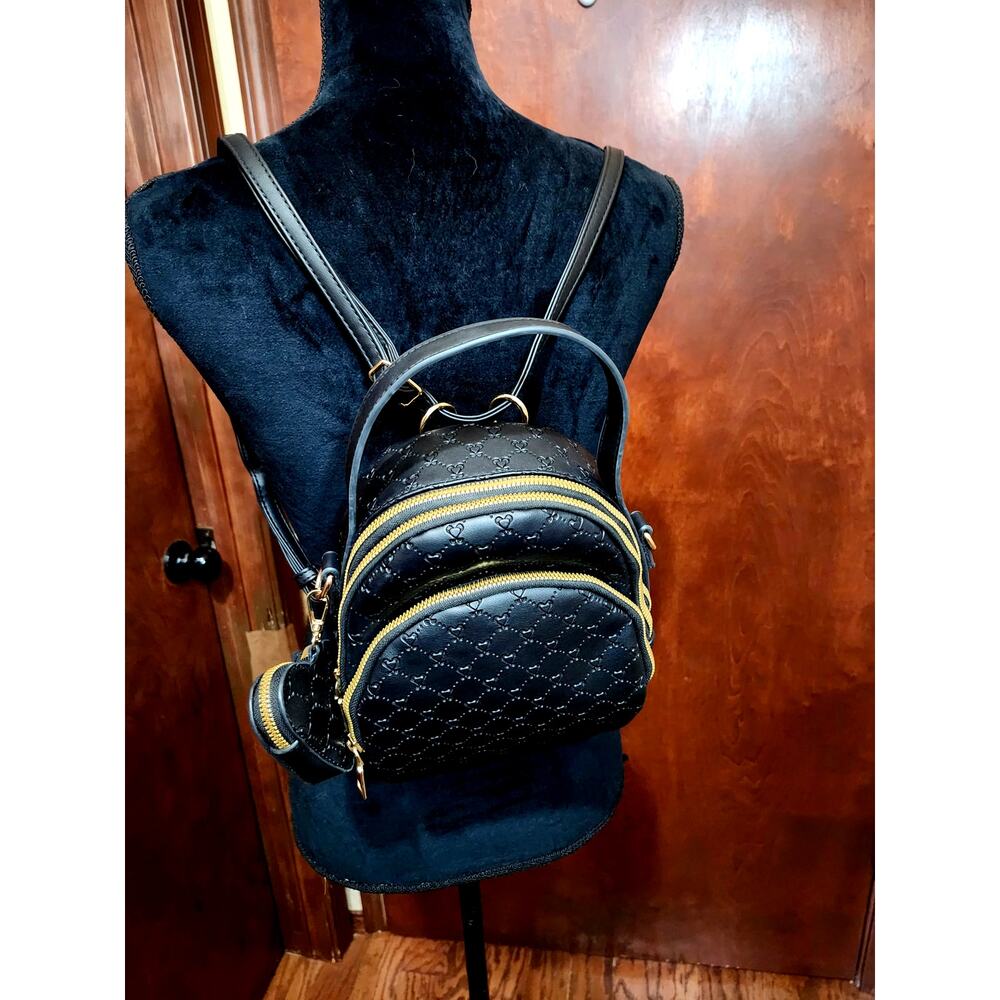 Mini Backpack Black Heart Pattern W/ Matching Hea… - image 2